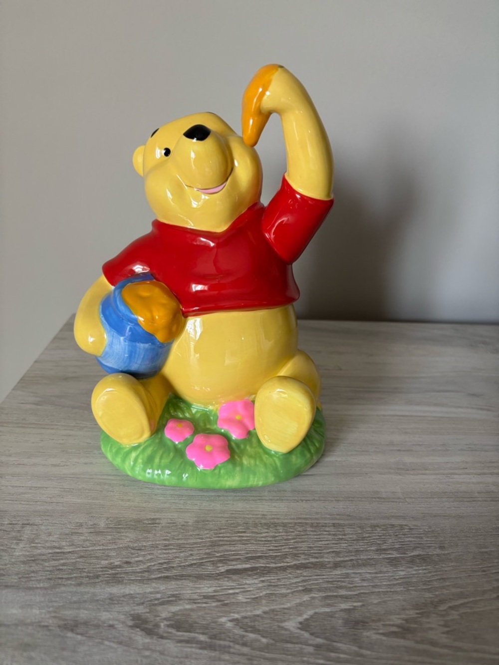 Disney Winnie the Pooh Figure with Red Shirt and Blue Honey Pot Ceramic Bank